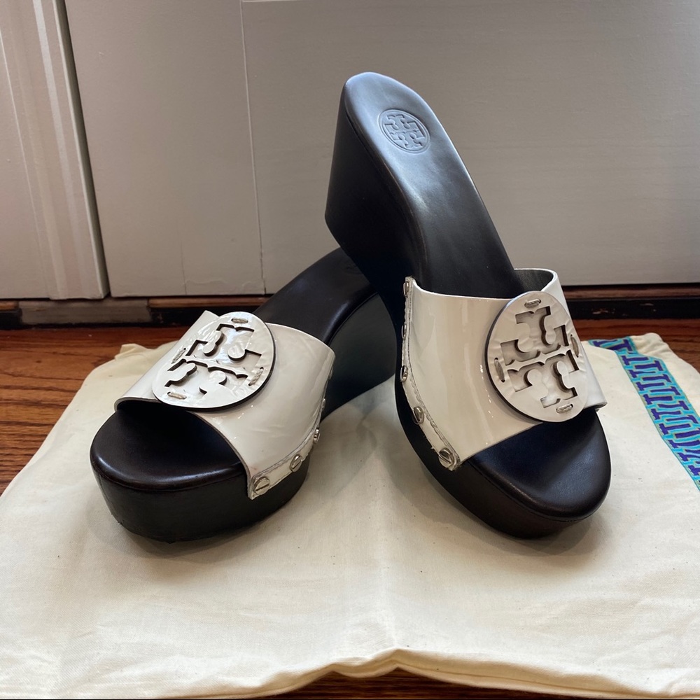 Tory Burch Black and Cream Wedge Sandals